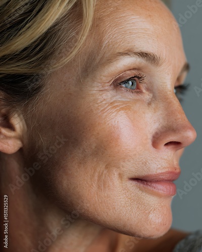 Middle-aged woman with fine wrinkles and healthy glowing skin, natural beauty. photo