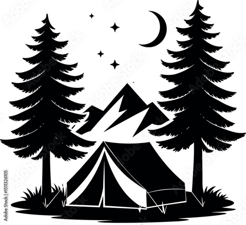 Camping Adventure Vector Illustration with Tent Trees and Mountain Landscape Design