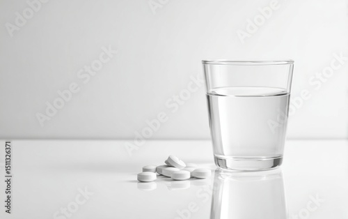 Close-up of a glass of water with pills on a table in front, minimalist clipart illustration style, ideal for advertising posters, health campaigns, and pharmaceutical promotional materials