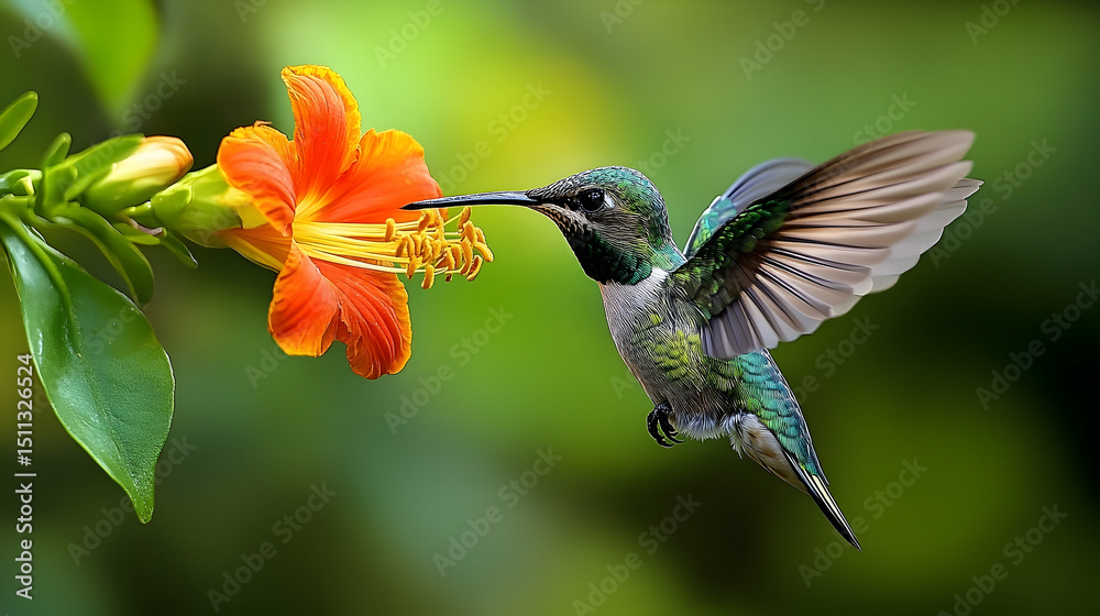 Fototapeta premium A hummingbird hovers near a vibrant hibiscus flower.