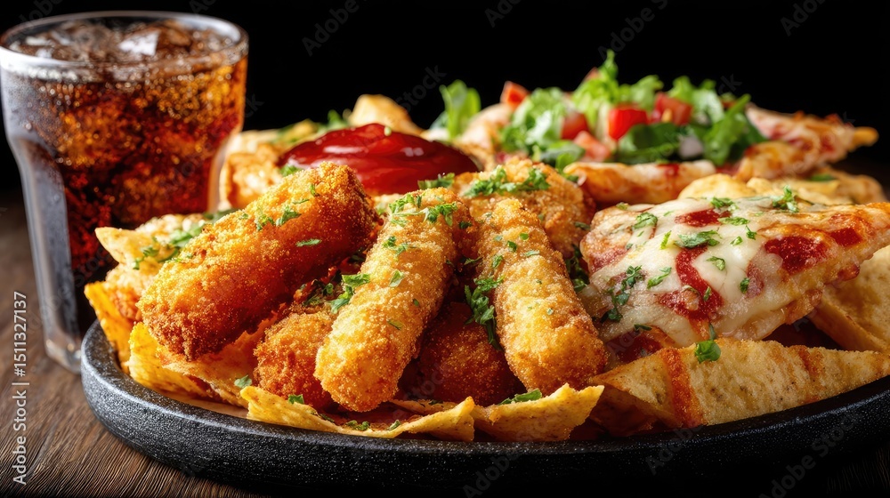 Fototapeta premium Fast food and soda taste with high sugar calories concept. Delicious platter of crispy snacks with drinks on a wooden table.