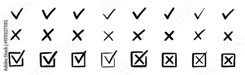 Check tick mark icon set. Cross box x check mark checkbox v list vector draw hand drawn sketch doodle brush marker checklist symbol wrong right circle. Vector Illustration