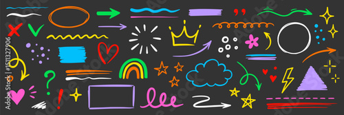 Line hand drawn brush marker underline, highlight, star element color kid set. Hand drawn sketch marker underline shape, arrow, star scribble brush pen stroke highlight element. Vector illustration