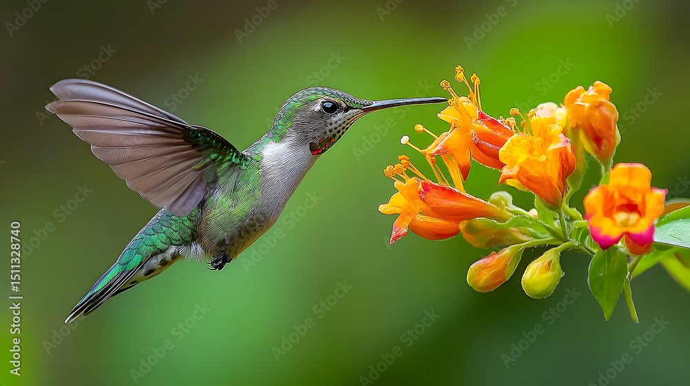 Fototapeta premium A hummingbird in flight, feeding from orange flowers.