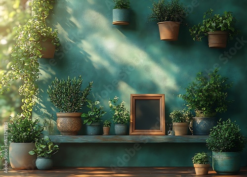 Serene Indoor Plant Mockup on Teal Wall with Wooden Shelf

