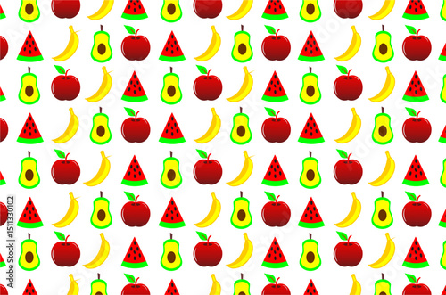 Seamless pattern of red apples, bananas, watermelons and avocados. Perfect for fruit background, wallpaper, fruit theme, fabric, textile and other commercial needs.
