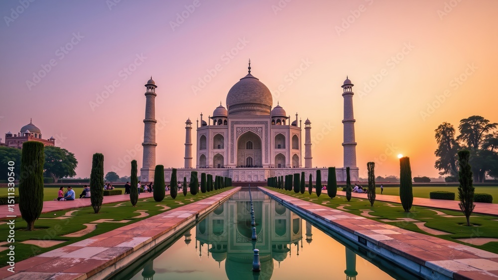Obraz premium Sunset Over the Majestic Taj Mahal and Reflecting Pool