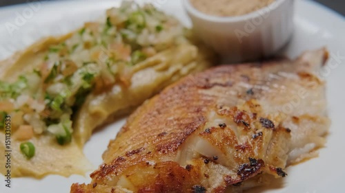 Fried tilapia dish with vinagrete and farofa, healthy food