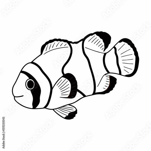 A charming illustration of a clownfish, showcasing its unique black and white stripes. This captivating artwork highlights the intricate details of its fins and body. Generative AI