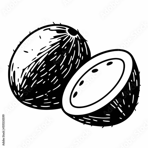 Coconut half and whole, tropical fruit, black and white illustration, hand-drawn style, sketch style, monochrome, simple, graphic element. Generative AI