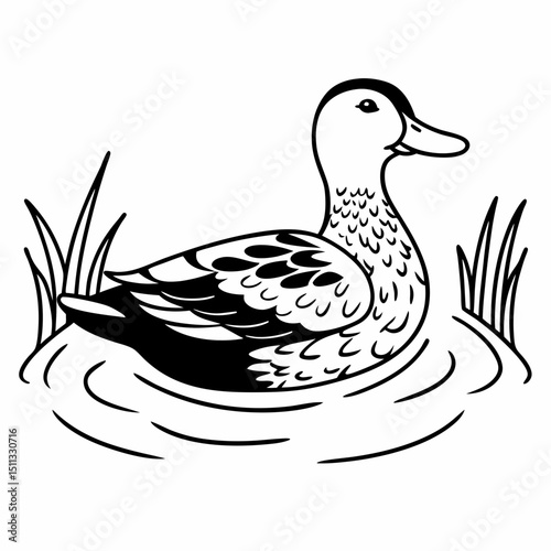 A charming duck floats peacefully on a tranquil pond, nestled among reeds, in a simple yet elegant line art illustration. Generative AI