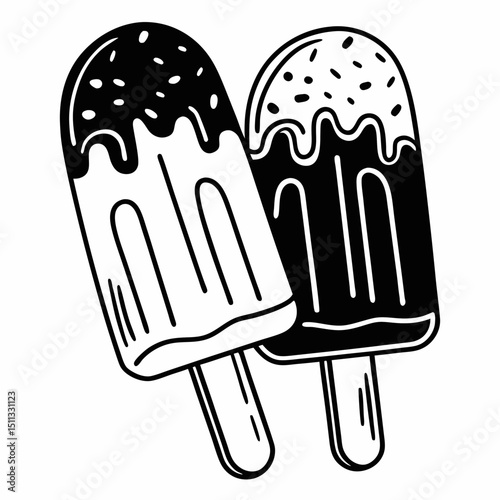 Two delectable ice pops, one coated in rich chocolate, the other adorned with colorful sprinkles, ready to bring a smile. A simple treat on a stick, a symbol of childhood nostalgia. Generative AI