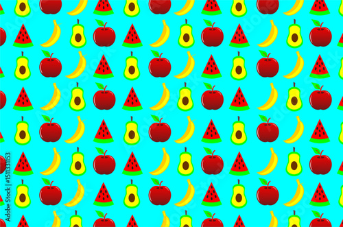 Seamless pattern of red apples, bananas, watermelons and avocados. Perfect for fruit background, wallpaper, fruit theme, fabric, textile and other commercial needs.