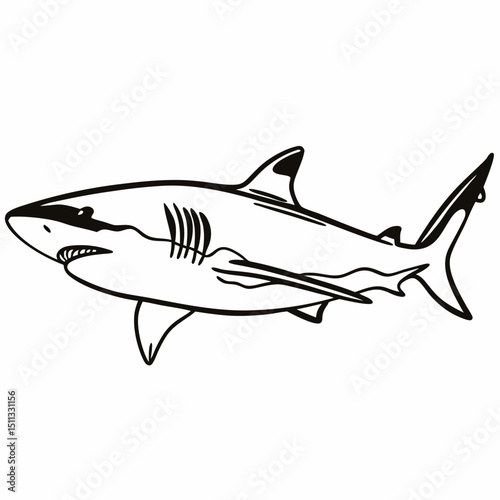 A striking monochrome illustration showcases a sleek shark in profile, perfectly capturing the power and grace of this apex predator. Emphasizing its streamlined form and sharp details. Generative AI