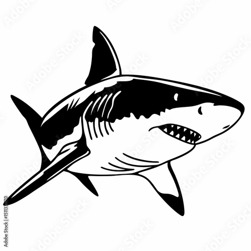 A captivating black and white illustration of a powerful shark showcases the formidable presence of a marine predator, highlighting its sharp features and ominous grace. Generative AI