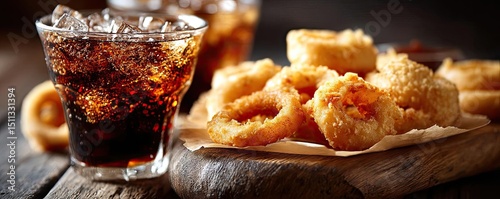Fast food and soda taste with high sugar calories concept. Delicious fried snacks served with a refreshing cola drink.