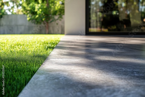 Wallpaper Mural Symmetric concrete tiles meet green grass in a modern backyard garden space. Perfect for illustrating landscape design, or contemporary architecture projects. Torontodigital.ca