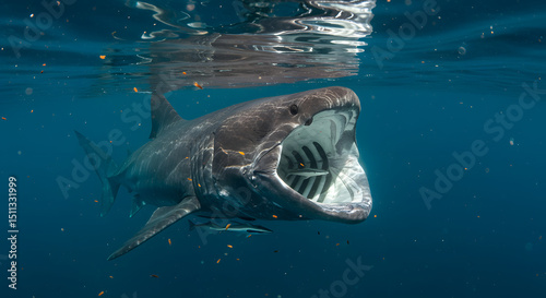 Fotografie Giant Basking Shark Filter Feeding Underwater