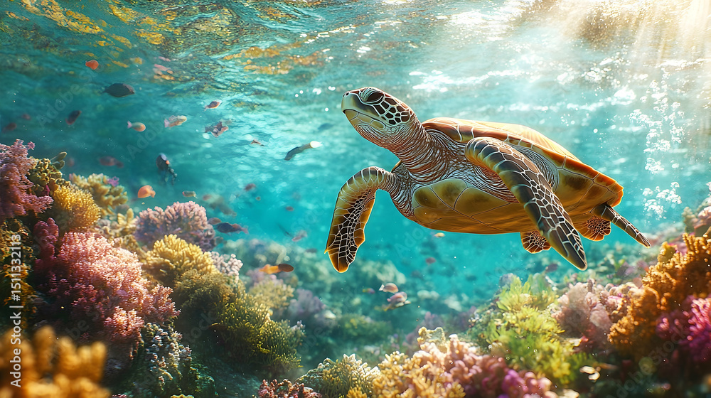 Fototapeta premium Sea turtle swims amongst colorful coral reefs.