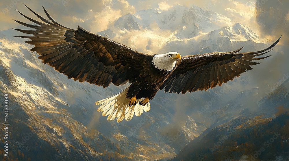 Fototapeta premium Majestic eagle soaring over a mountainous landscape.