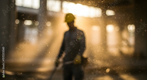 Silhouette of a skilled construction worker wearing a safety helmet inside a dusty industrial site with golden sunbeams illuminating floating particles.
