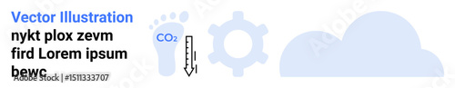 Footprint with CO2 label, downward arrow, gear, and cloud depicting environmental impact and technology integration. Ideal for environmental awareness, renewable energy, sustainability, technology