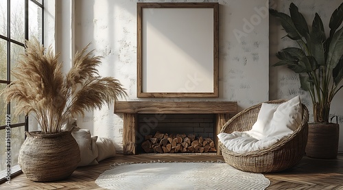 Cozy Living Room Mockup with Blank Frame and Wicker Chair

