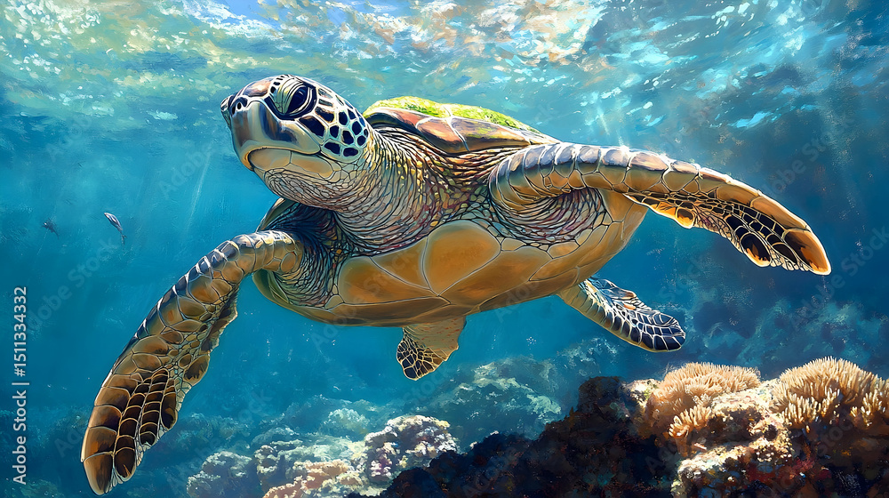 Fototapeta premium Sea turtle swimming amidst coral reefs.