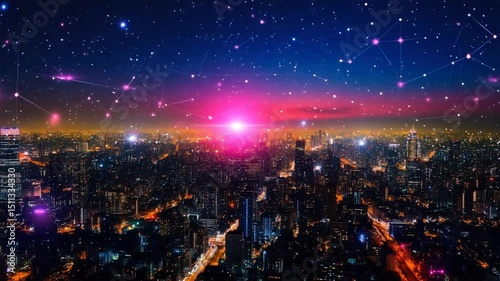 Futuristic Cityscape at Night with Holographic Network Overlay Animation Video