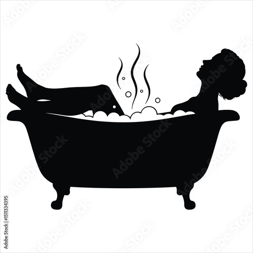 Vector graphic of a black silhouette of a person reclining and relaxing in a classic clawfoot bathtub