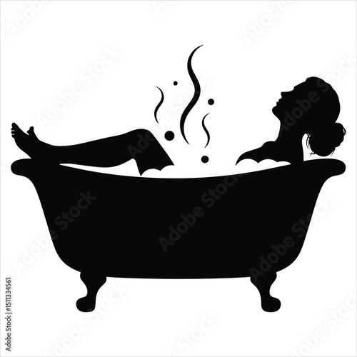 Vector graphic of a black silhouette of a person reclining and relaxing in a classic clawfoot bathtub