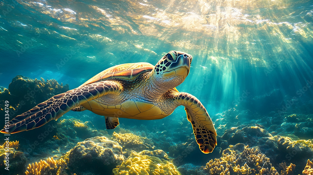 Obraz premium A sea turtle swims through a vibrant coral reef.