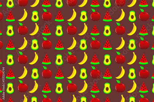 Seamless pattern of red apples, bananas, watermelons and avocados. Perfect for fruit background, wallpaper, fruit theme, fabric, textile and other commercial needs.