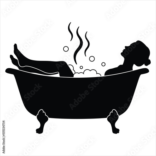Vector graphic of a black silhouette of a person reclining and relaxing in a classic clawfoot bathtub