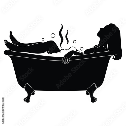 Vector graphic of a black silhouette of a person reclining and relaxing in a classic clawfoot bathtub
