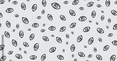 Monochromatic Eye Pattern Background: A Scattered Design with Visionary Elements, Graphic Eyes in Various Sizes and Angles on a Pale Gray Surface