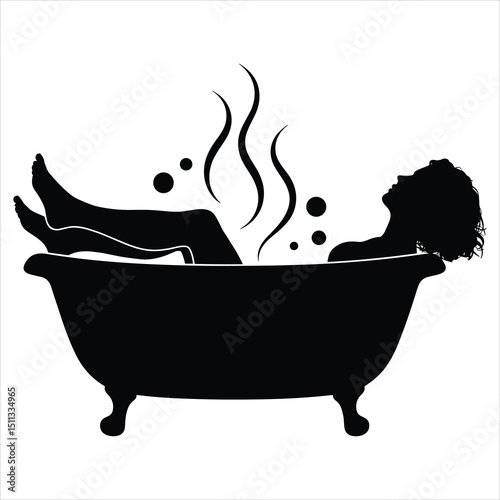 Vector graphic of a black silhouette of a person reclining and relaxing in a classic clawfoot bathtub
