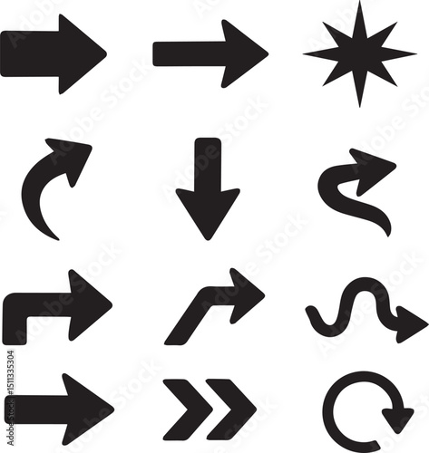 Arrow silhouette vector set, black directional icons, various arrows, abstract design, seamless pattern, navigation symbols, diverse arrow shapes