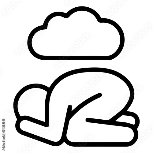 An (outline style) illustration of a stylized human figure in a prostrate with a cloud hovering above, signs of despair, humility, contemplation, or a heavy burden of thought. Associated with sadness