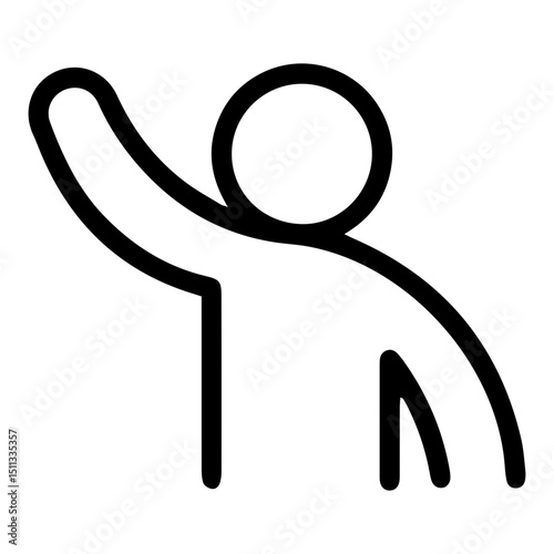 An (outline style) illustration of a stylized human figure with one arm raised in a waving gesture, symbolizing greeting, acknowledgment, and a friendly welcome. Conveys social interaction or farewell