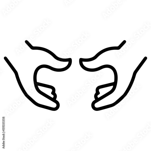 An (outline style) illustration of two stylized open hands with fingers gently curled, symbolizing picking up, holding, receiving, and careful handling. Conveys an action of engagement, grasping