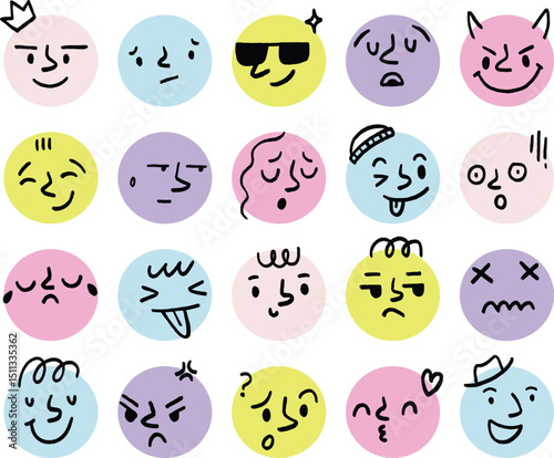 A set of pastel-style emoticon icons featuring fun and expressive faces in colorful circles, ideal for social content, stickers, or playful branding visuals.