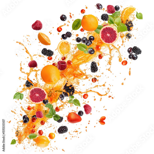 Vibrant fruit explosion, a mix of colorful fruits and juices in dynamic motion