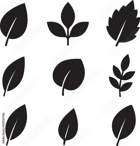 Leaf silhouettes, vector collection, diverse leaves shapes, nature elements. Ideal for eco friendly brand aesthetics, botanical illustrations, educational materials, artistic designs, decorations