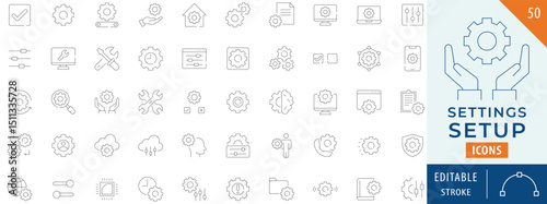 Settings setup icon collection set. Contains installation, equalizer, control, automatic, and more. Editable stroke.