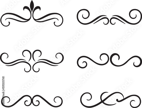 ornamental text divider, elegant border design elements, perfect for web, page decoration, invitations, cards. Vintage style, monochromatic, vector set. Unique, intricate swirls, curls, shapes