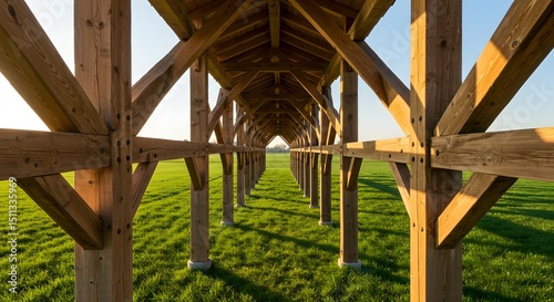 Wooden Structure Extending into a Lush Green Field Architectural Design and Construction