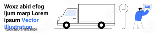 Delivery truck, large wrench, technician holding tablet. Ideal for logistics, transportation, delivery, maintenance, repair, technology integration and simple landing page