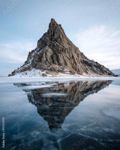 A rocky mountain covered in snow reflecting in the icy water on a cold winter day landscape view