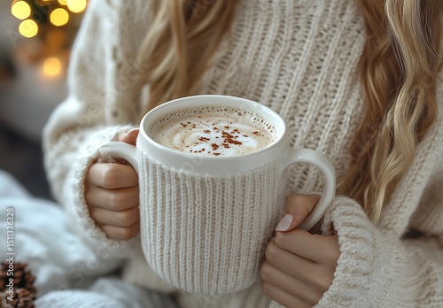 Woman in Cozy Knit Sweater Mockup with White Mug of Spiced Coffee

